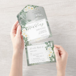 Boho White Rose Floral | Eukalyptus Wedding All In One Einladung