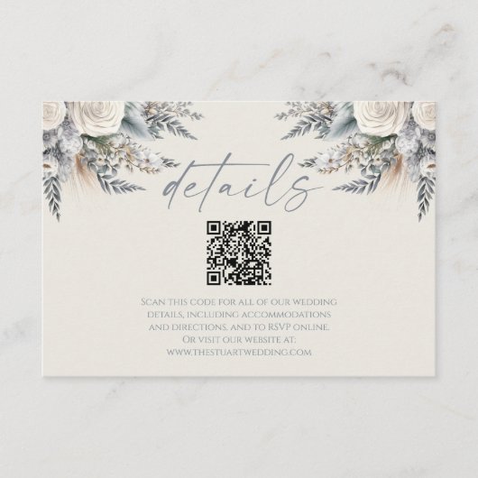 Boho White Rose Floral QR Code Hochzeitsdetails Begleitkarte (Vorderseite)