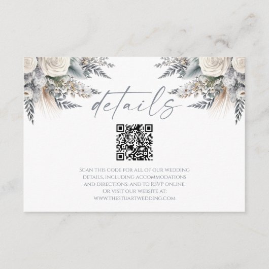 Boho White Rose Floral QR Code Hochzeitsdetails Begleitkarte (Vorderseite)