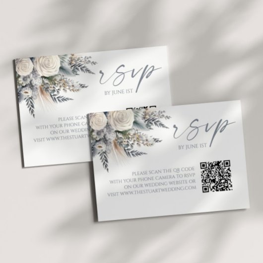 Boho White Rose Floral QR Code Wedding RSVP Card