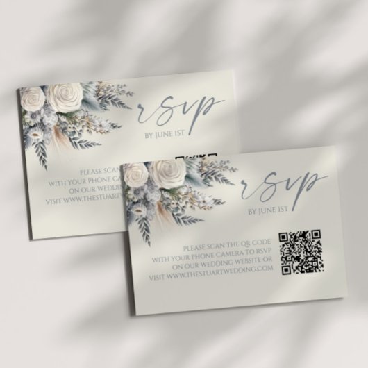 Boho White Rose Floral QR Code Wedding RSVP Card Karte