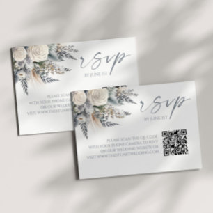 Boho White Rose Floral QR Code Wedding RSVP Card Karte