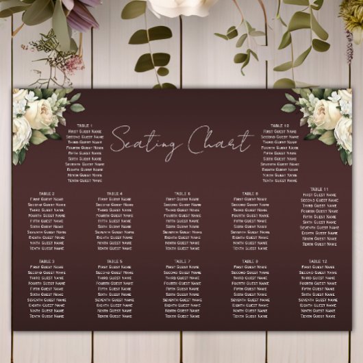 Boho White Roses auf Burgund Wedding Chart Poster