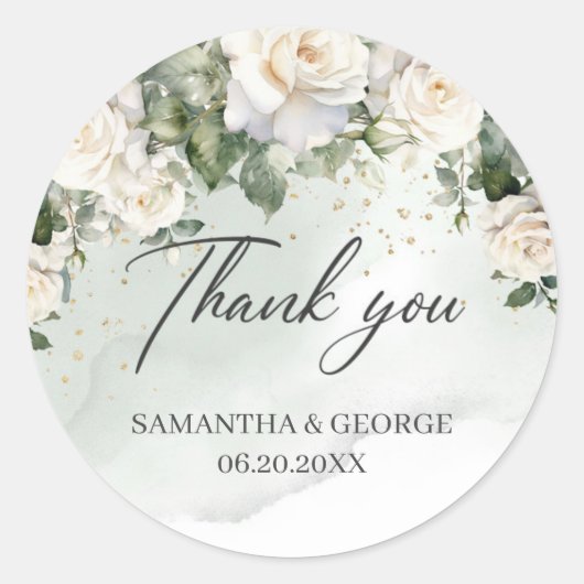 Boho White Roses Blumengarten Grün Runder Aufkleber (Vorderseite)
