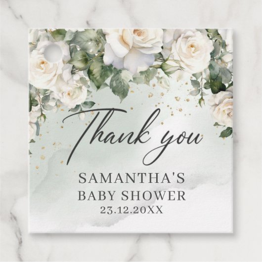 Boho White Roses Blumengarten Grüne Babydusche Geschenkanhänger (Vorderseite)