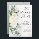 Boho White Roses Eucalyptus 30. Geburtstags-Party Einladung<br><div class="desc">Elegante und klassisch boho-chic weiße Rose und eucalyptus floral "Birthday Party" Drehbuch-Design mit dunkelgoldfarbenen Konfetti und Schatten. Zurück zeigt ein Aquarellgradientengrün mit grünen und dunkelgoldfarbenen Konfetti-Spritzern.</div>