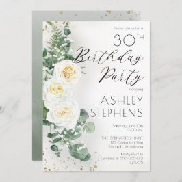 Boho White Roses Eucalyptus 30. Geburtstags-Party Einladung