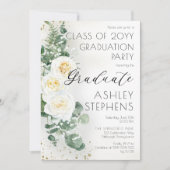 Boho White Roses Eucalyptus Graduation Party Einladung (Vorderseite)