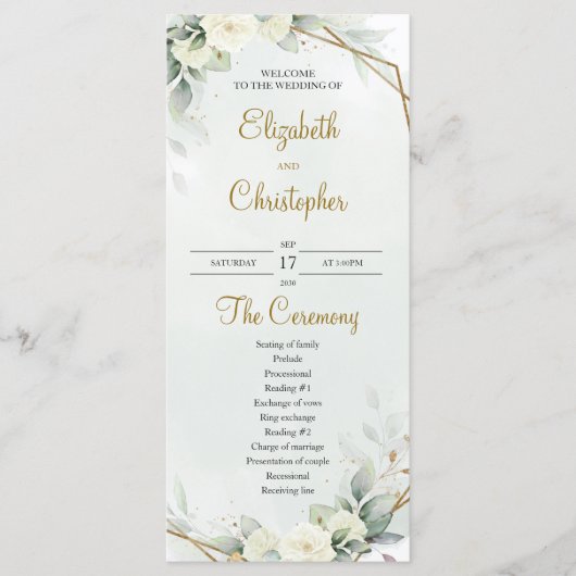 Boho White Roses Eucalyptus Greenery Gold Programm (Vorderseite)