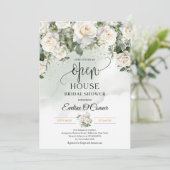 Boho White Roses Greenery und Gold Open House Einladung (Stehend Vorderseite)