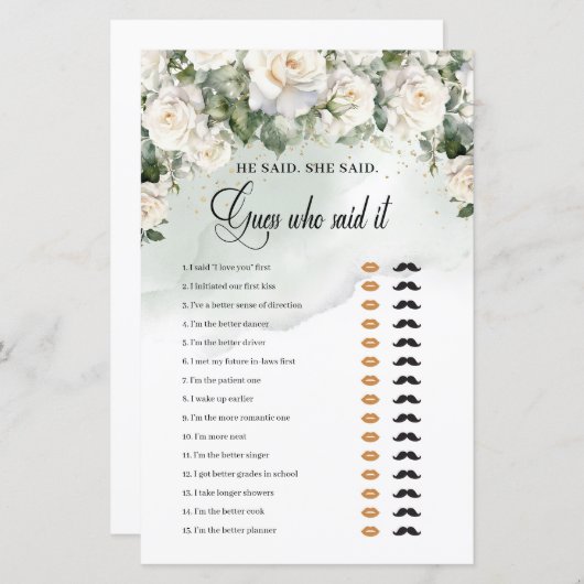 Boho White Roses Grüne Gold Er sagte, sie sagte: (Vorne/Hinten)