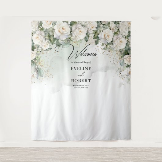 Boho White Roses Grüne und Goldene Hochzeit Wandteppich (Vorderseite)