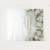 Boho White Roses Grüne und Goldene Hochzeit Wandteppich (Vorderseite (Horizontal))