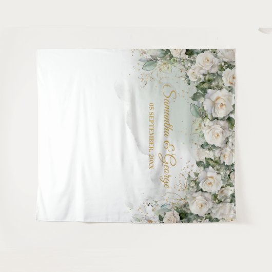 Boho White Roses Grüne und Goldene Hochzeit Wandteppich (Vorderseite (Horizontal))