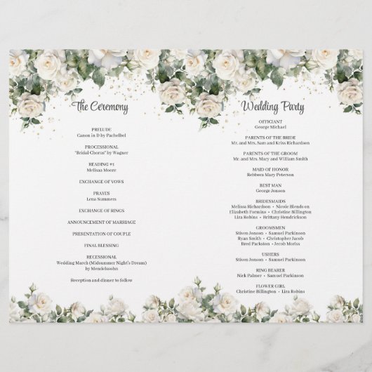 Boho White Roses Grüne und Goldene Zeremonie (Rückseite)