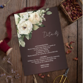 Boho White Roses und Dark Burgundy Wedding Details Begleitkarte