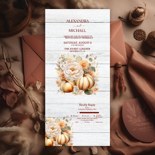 Boho White und Gold Glitzer Pumpkins Wedding All In One Einladung