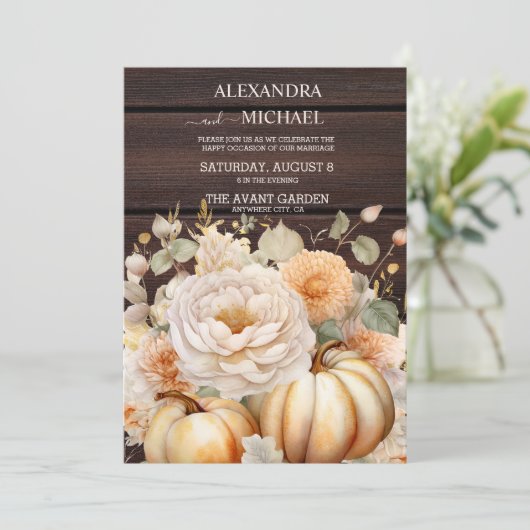 Boho White und Gold Glitzer Pumpkins Wedding Einladung (Stehend Vorderseite)