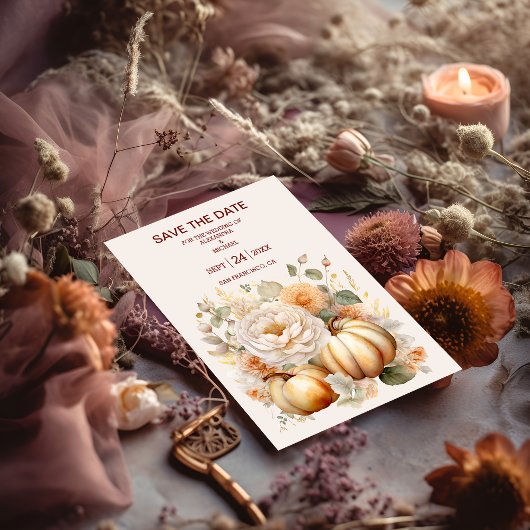 Boho White und Gold Glitzer Pumpkins Wedding Save The Date