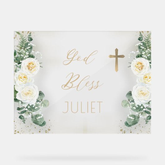 Boho WhiteRose Floral Eukalyptus Taufe Gott segne Acrylschild (Vorderseite)