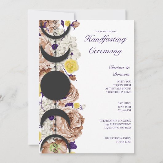 Boho Wiccan Bloral Moon Phase Handfasten Einladung (Vorderseite)