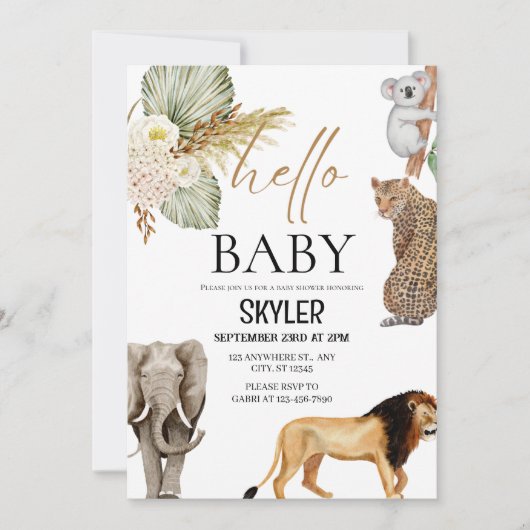 Boho Wild Animals "Hello Baby" Dusche Einladung (Vorderseite)