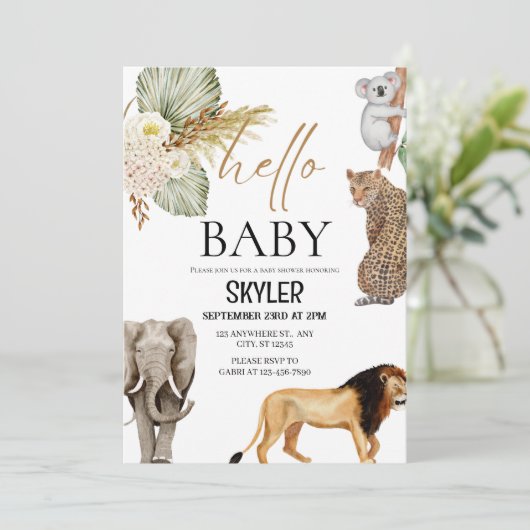 Boho Wild Animals "Hello Baby" Dusche Einladung (Stehend Vorderseite)