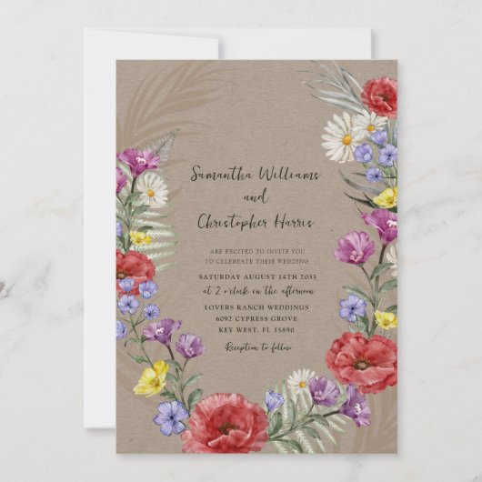 Boho Wild Blume Kraft & Lila Wedding Einladung (Vorderseite)