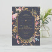 Boho Wild Blume Mauve & Navy Gold Frame Wedding Einladung (Stehend Vorderseite)