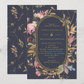 Boho Wild Blume Mauve & Navy Gold Frame Wedding Einladung (Vorne/Hinten)