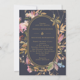 Boho Wild Blume Mauve & Navy Gold Frame Wedding Einladung