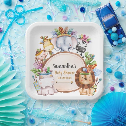 Boho Wild Giraffe Zebra Elephant Baby Shower Pappteller (Party)