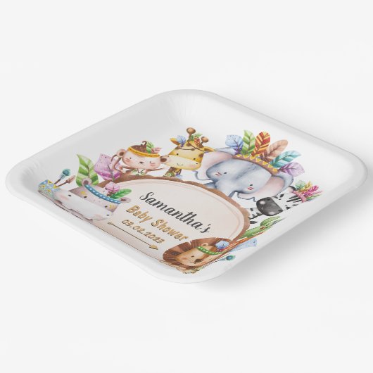 Boho Wild Giraffe Zebra Elephant Baby Shower Pappteller (Gewinkelt)