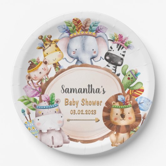 Boho Wild Giraffe Zebra Elephant Baby Showpaper Pappteller (Vorderseite)