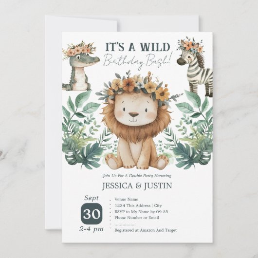 Boho Wild One Lion Double Kindergeburtstag Einladung (Vorderseite)