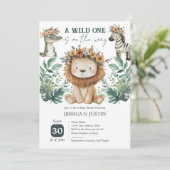 Boho Wild One Lion Floral Baby Shower Einladung (Stehend Vorderseite)