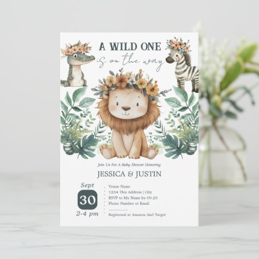 Boho Wild One Lion Floral Baby Shower Einladung (Stehend Vorderseite)