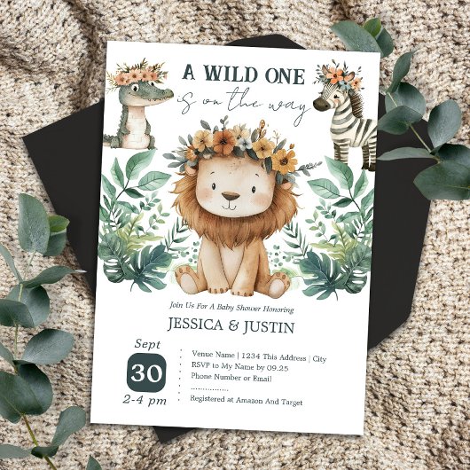 Boho Wild One Lion Floral Baby Shower Einladung