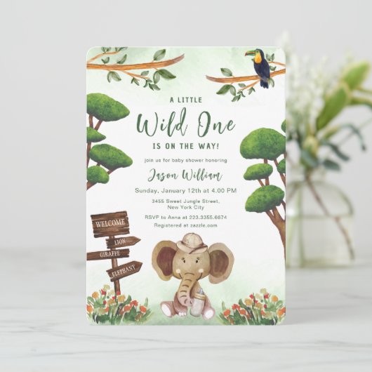 Boho Wild One Safari Elephant Boy Baby Shower Einladung (Stehend Vorderseite)