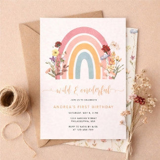 Boho Wild & Onederful Wildblumen-Regenbogen-Geburt Einladung