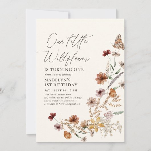 Boho Wildblume 1. Geburtstag Einladung (Vorderseite)