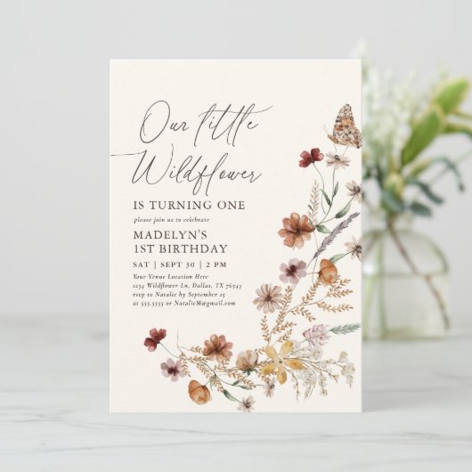 Boho Wildblume 1. Geburtstag Einladung (Stehend Vorderseite)