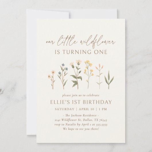 Boho Wildblume 1. Geburtstag Einladung (Vorderseite)