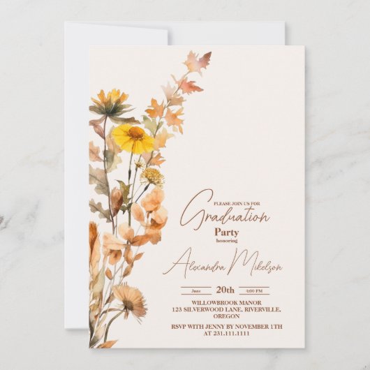 Boho Wildblume Abschluss Einladung (Vorderseite)