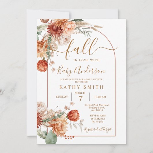 Boho Wildblume Arch Fall in Liebe mit Babydusche Einladung (Vorderseite)