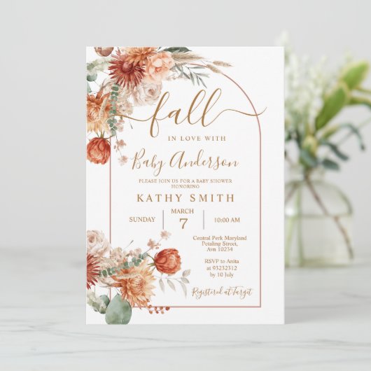 Boho Wildblume Arch Fall in Liebe mit Babydusche Einladung (Stehend Vorderseite)