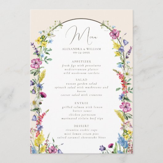 Boho Wildblume Arch Wedding Menükarte (Vorderseite)