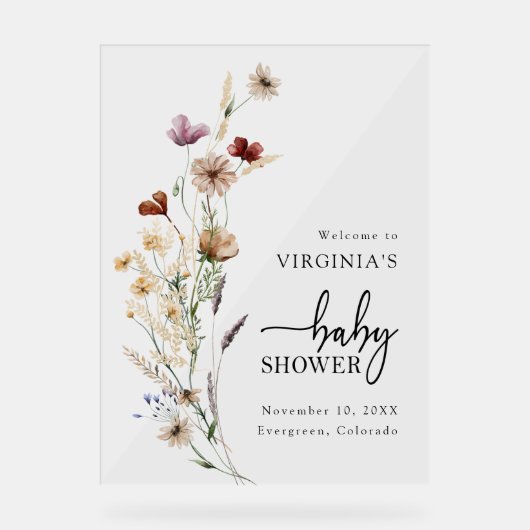 Boho Wildblume Baby Dusche Acrylschild (Vorderseite)