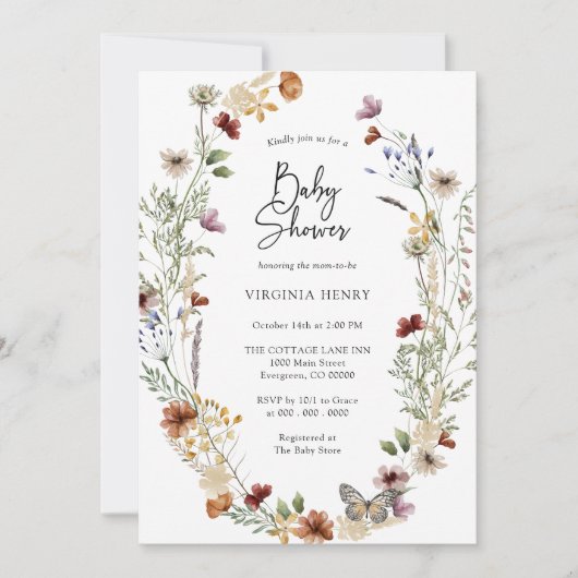 Boho Wildblume Babydusche Einladung (Vorderseite)