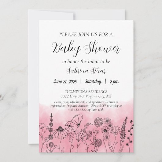 Boho Wildblume Babydusche Invite Watercolor Einladung (Vorderseite)